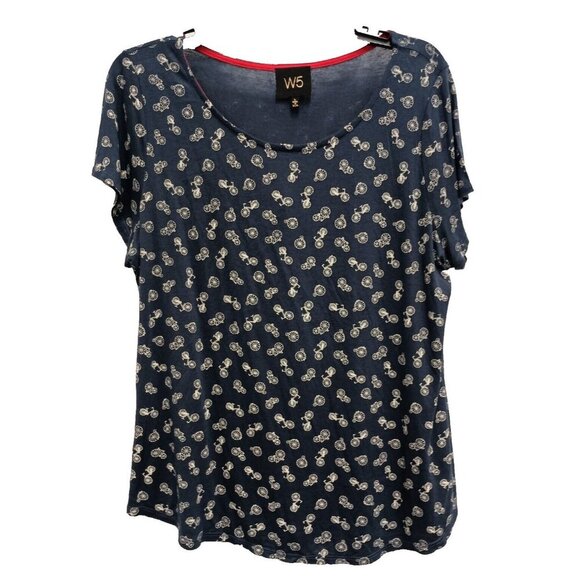 W5 Tops - W5 Womens T-Shirt Large Navy Blue Bicycle Print Short Sleeve Pullover Casual Top
